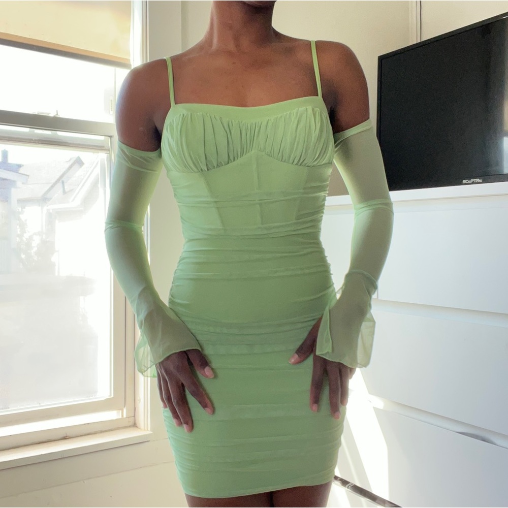 Oh Polly Off Shoulder Ruched Bust Mini Dress Green - Picture 2 of 3